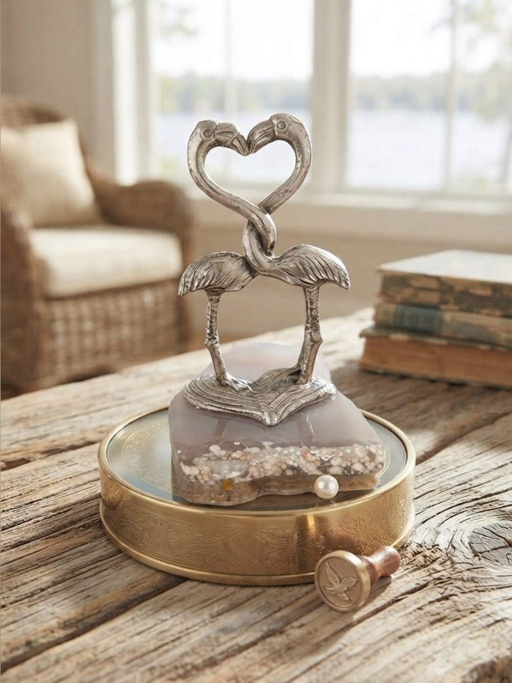 Silver Flamingo Heart Pewter, on Cream on natural stone.  Base not included.